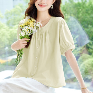 初影 果绿色衬衫女短袖2025夏装新款圆领上衣小个子宽松纯棉衬衣