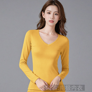上衣 内搭纯棉保暖内衣女士V领秋衣修身 百搭打底衫 显瘦长袖 t恤大码