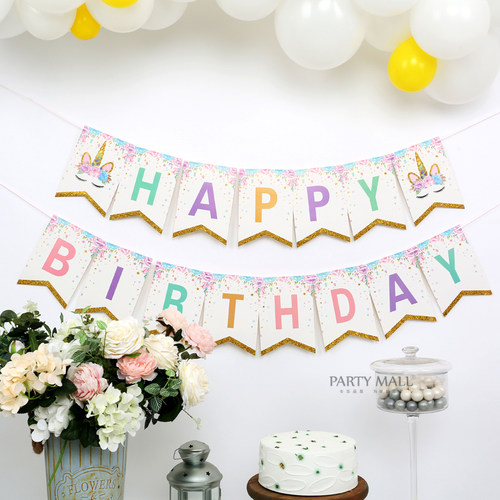 撒金燕尾独角兽生日派对纸质拉旗