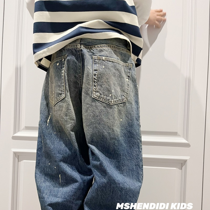 2025   新款来啦 春季卡通手工刺绣男女童泼墨复古水洗牛仔长裤