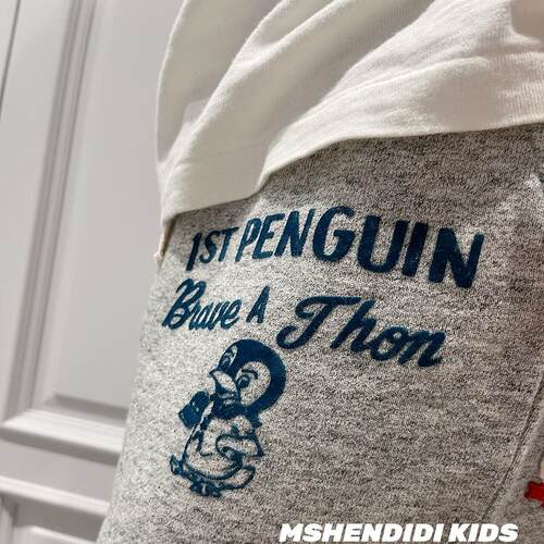 25春季zui新款   毛圈运动裤日系企鹅印花男女童立体植绒印花长裤