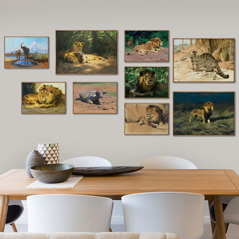 德国威廉库纳特野性非洲动物狮子老虎大象装饰画画芯书房布画心