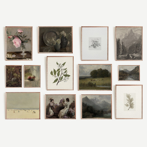 南法乡村风景组合装饰画画芯复古艺术挂画内芯法式浪漫素描静物画