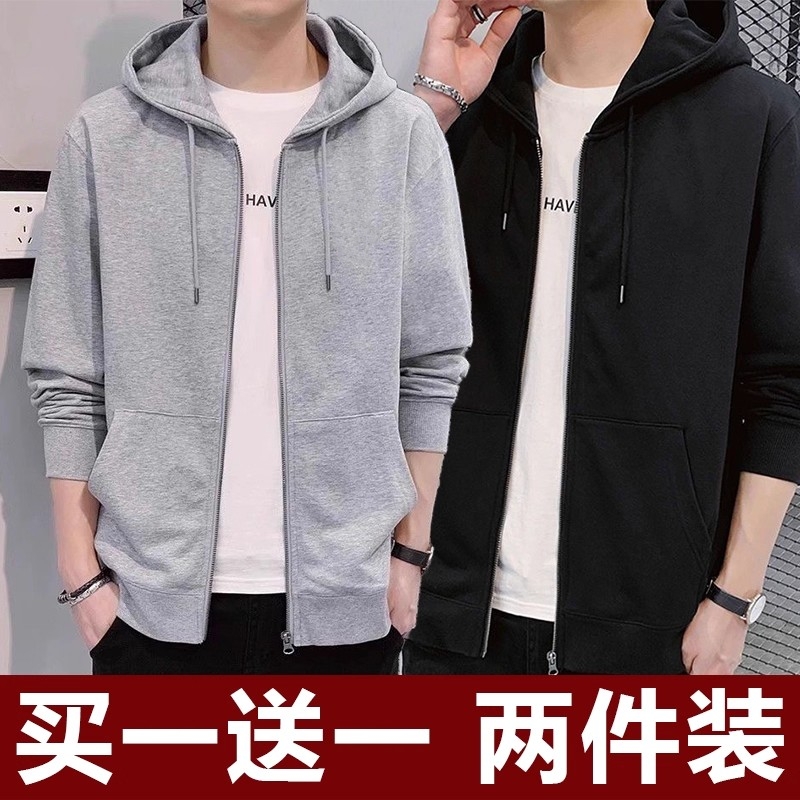 秋季拉链开衫外套男士宽松百搭纯色连帽卫衣新款休闲运动大码夹克