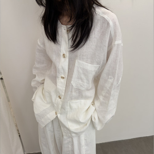 100%高支亚麻口袋长袖衬衫