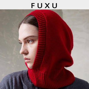 芙蕖FUXU 德国扬子高支绵羊毛针织帽时尚保暖脖套包头法克帽围巾