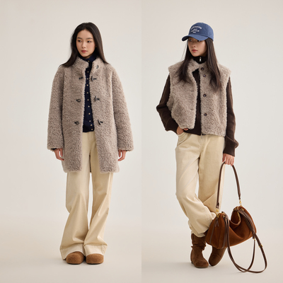 100绵羊毛大衣牛角扣羊羔毛外套