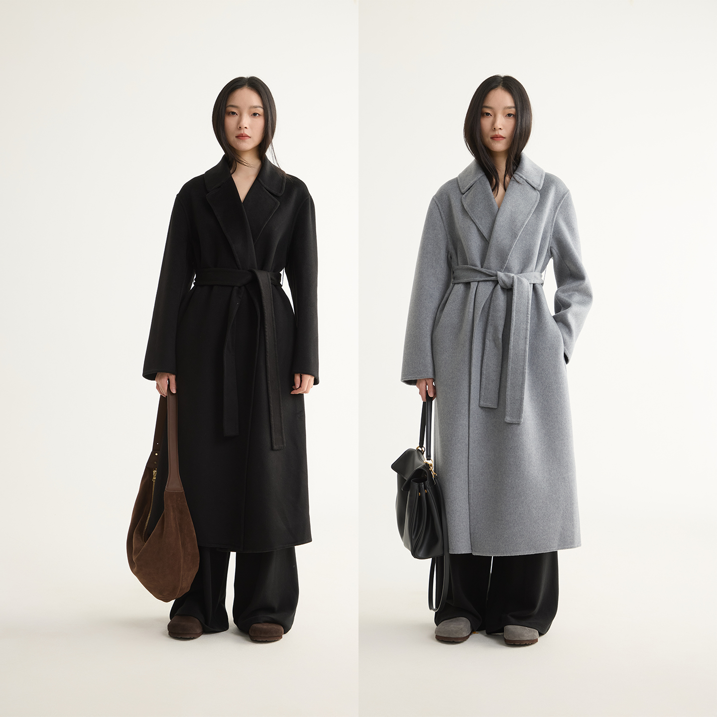 100纯山羊绒系带大衣外套