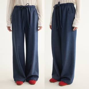 加厚牛仔裤 子女25冬新款 复古蓝加绒松紧高腰阔腿裤 芙蕖FUXU