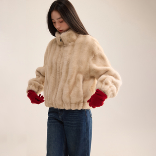 芙蕖FUXU 大衣加厚保暖环保皮草外套 立领仿貂毛皮毛一体上衣短款