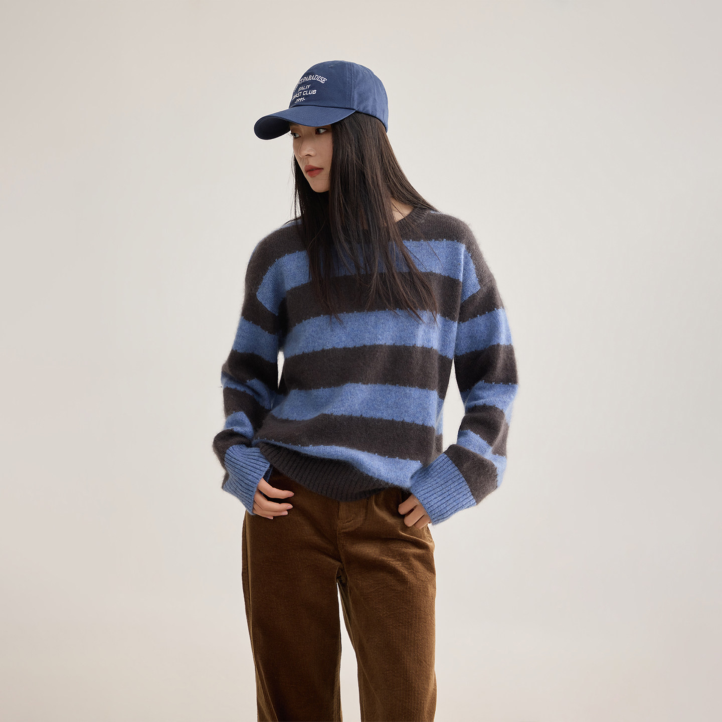 芙蕖FUXU 羊绒绵羊毛 复古圆领条纹针织衫上衣秋冬宽松慵懒毛衣,女装/女士精品,毛衣,淘宝优惠券,粉丝福利购,淘宝优惠卷