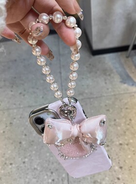 ins创意韩风粉蝴蝶结珍珠手链KT适用iPhone16promax手机壳少女心15/14Plus软13苹果17promax轻奢高级感个性新