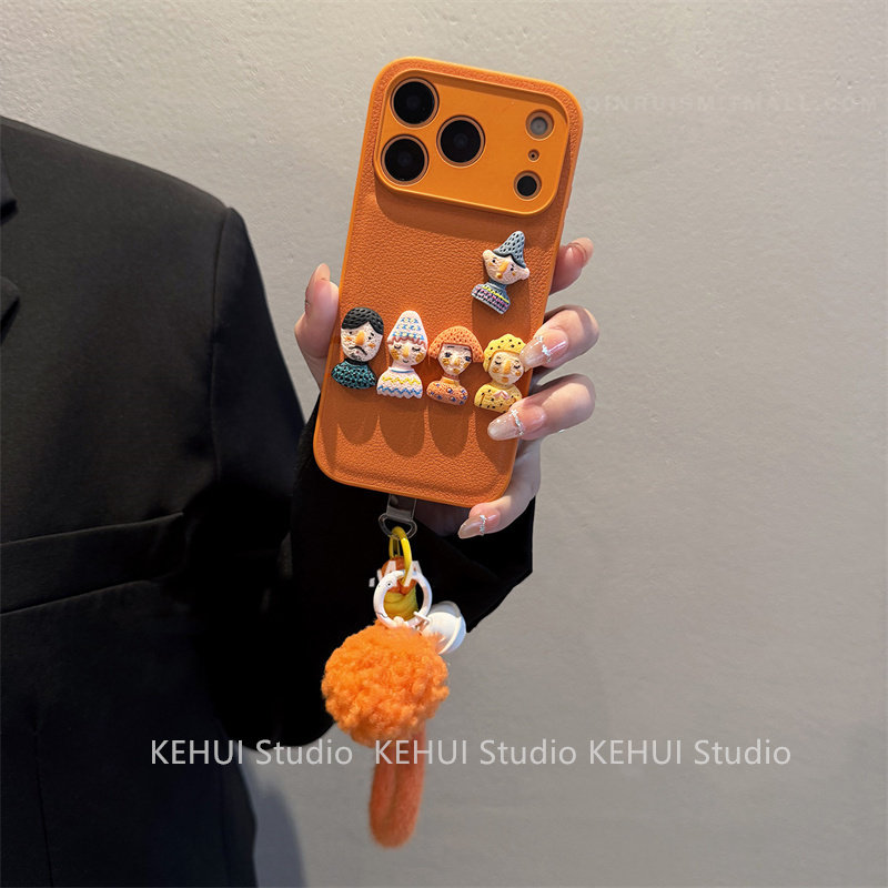 荔枝橙色皮纹公仔适用iPhone17promax手机壳新款16简约15pro防摔全包边秋冬软壳苹果14女款13promax硅胶软壳