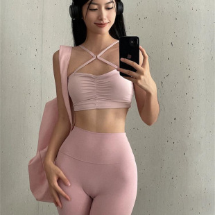 褶皱性感交叉运动内衣健身文胸瑜伽上衣美背带胸垫可调节肩带