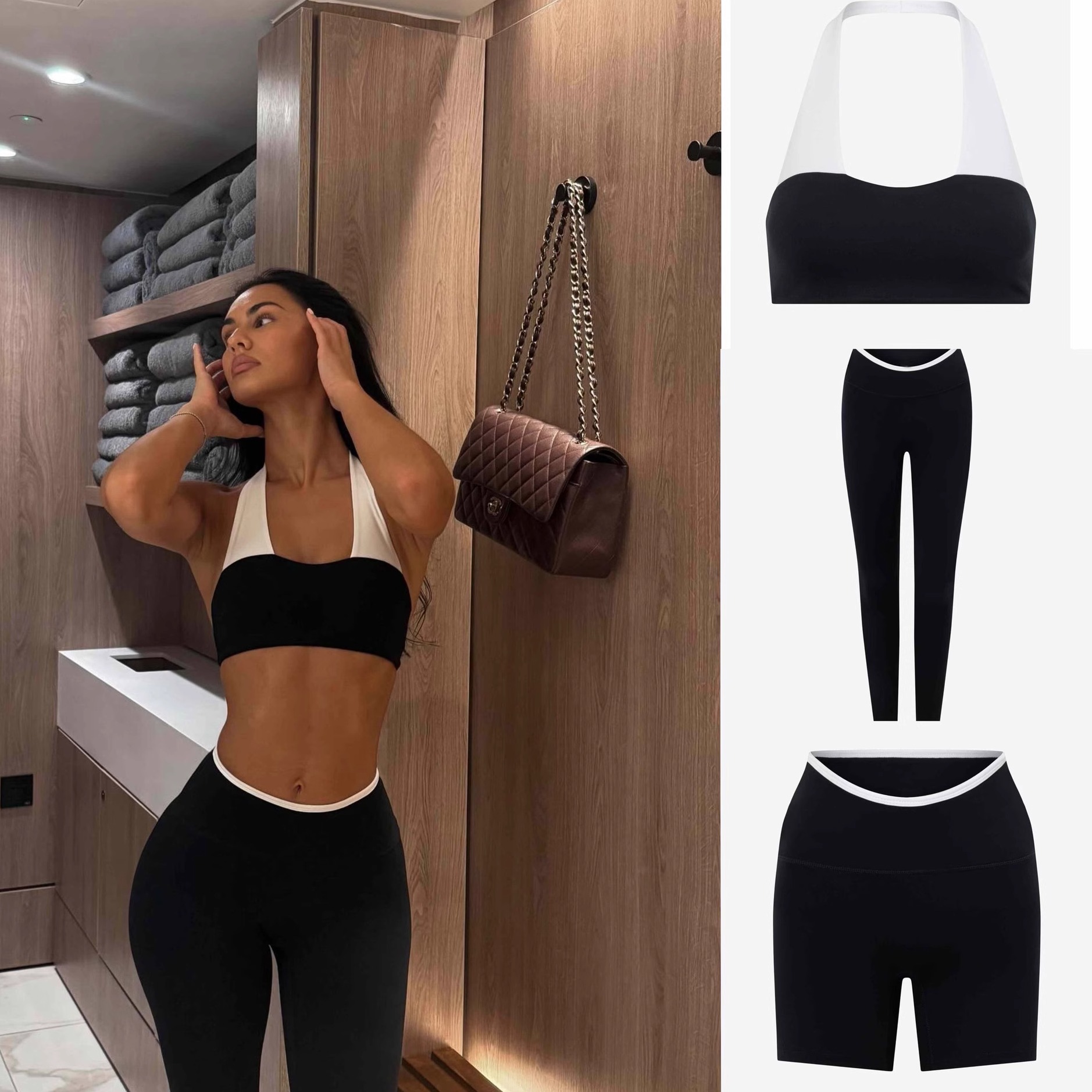 *csb 拼接撞色挂脖运动内衣健身文胸美背带胸垫蜜桃裤裸感 Y标