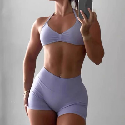 DFYNE欧美挂脖健身套装运动文胸美背健身短裤瑜伽服无标
