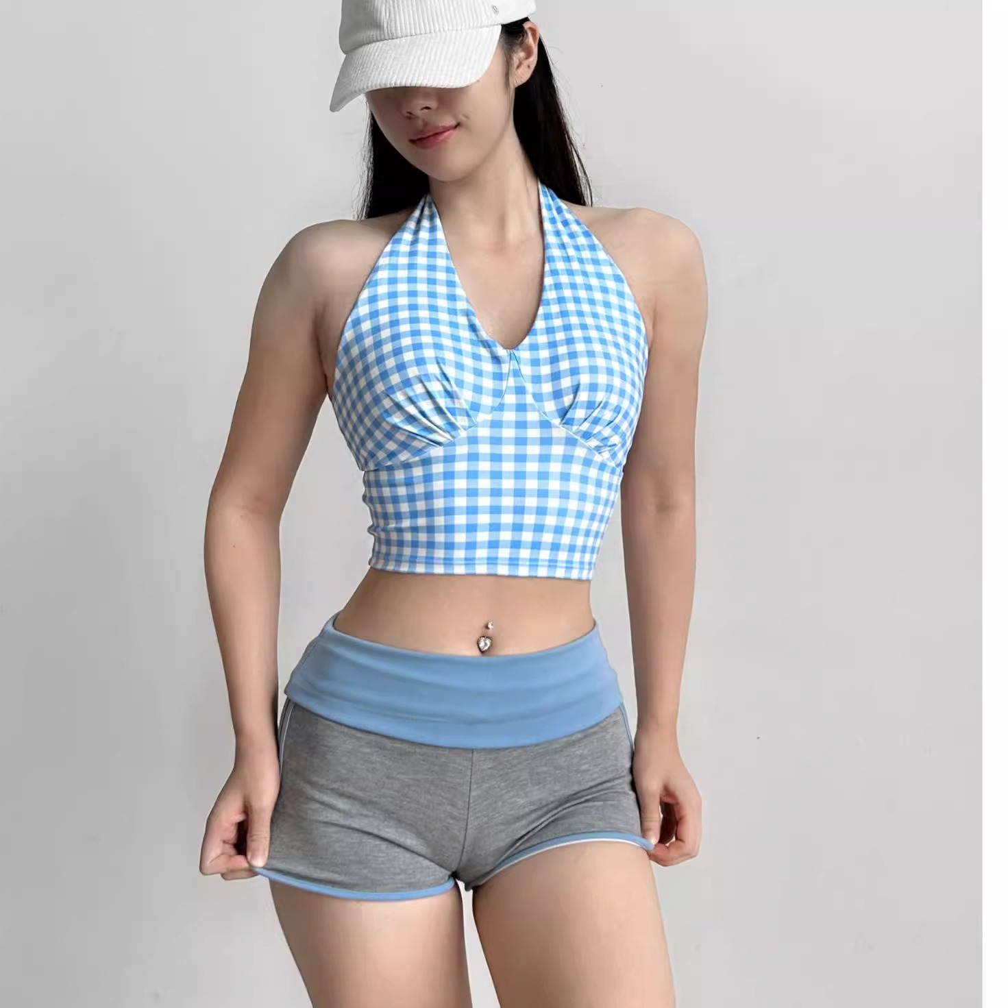 格子挂脖高强度瑜伽背心迷彩训练跑步服显瘦运动内衣女带胸垫