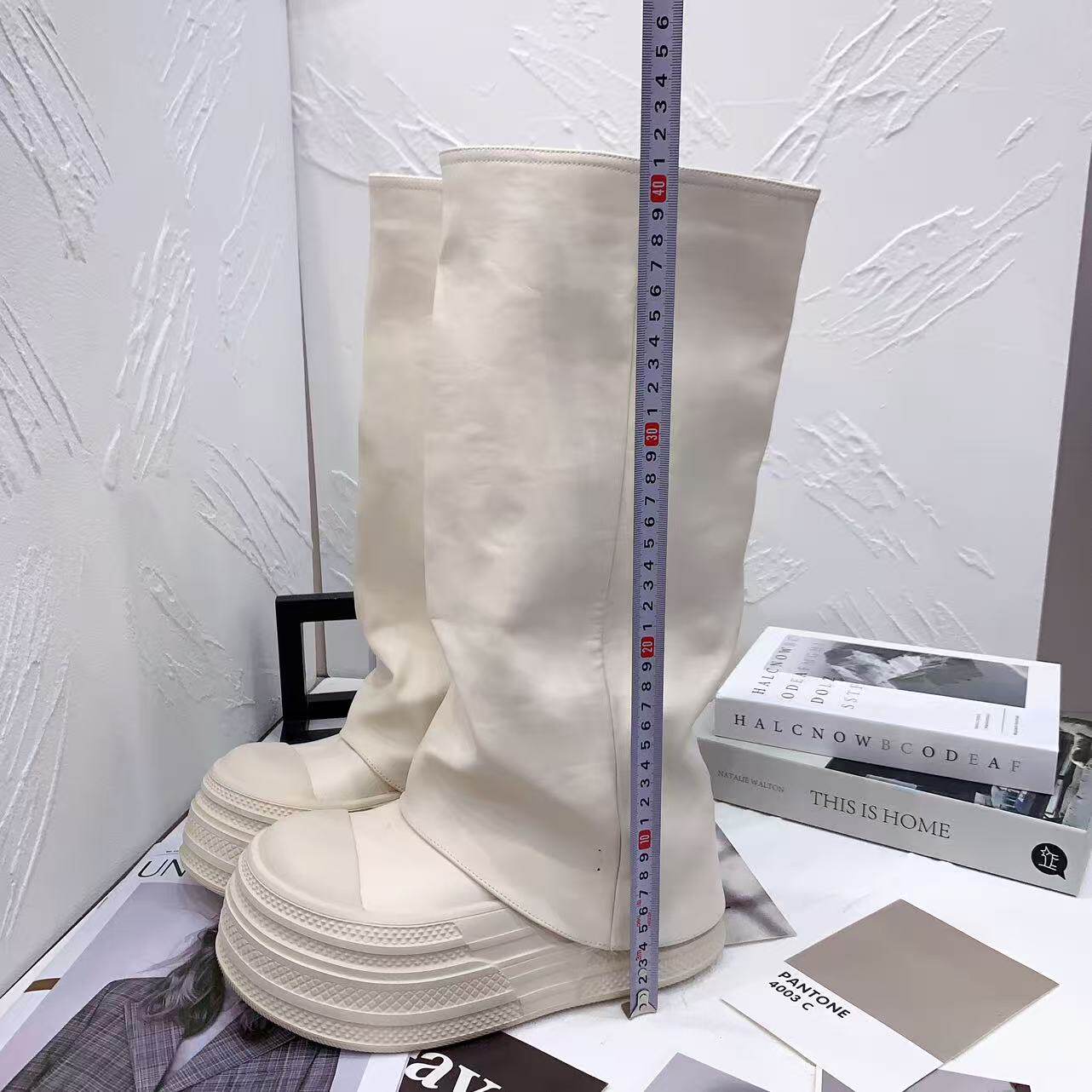 韩版秋季新款7cm厚底高筒堆堆时装靴女百搭豹纹贝壳头褶皱裤管靴