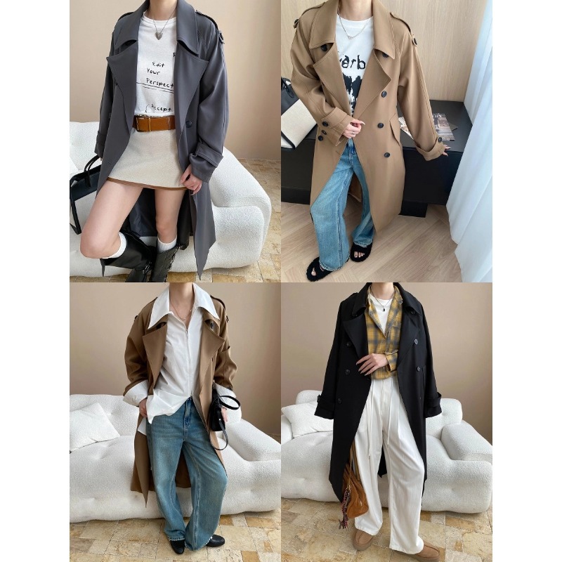 司南 早秋新款 气场全开经典翻领双排扣系带廓形风衣外套 SN7806