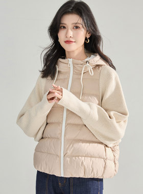 冬季高品质针织袖拼接90白鸭绒假两件连帽短款羽绒服外套15990