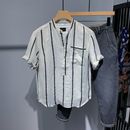 男士 新款 衬衣男宽松个性 条纹立领夏季 上衣潮流寸帅气衣寸衣 短袖