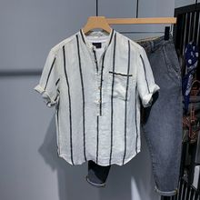 新款条纹立领夏季短袖衬衣男宽松个性男士上衣潮流寸帅气衣寸衣
