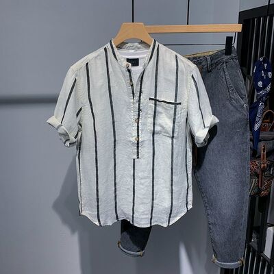 新款条纹立领夏季短袖衬衣男宽松个性男士上衣潮流寸帅气衣寸衣