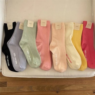 脚底点胶中短筒彩色棉袜日系纯色女 夏日糖果 两双装 你