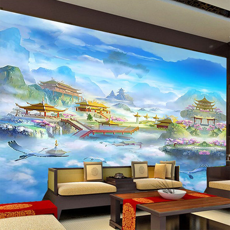 极乐世界墙纸空中花园云彩飞禽亭台楼阁宫殿佛道梦幻仙境背景壁画,家装主材,定制壁画,淘宝优惠券,粉丝福利购,淘宝优惠卷