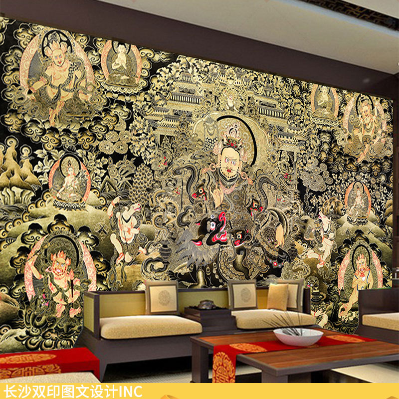 财宝天王图西藏唐卡墙纸藏式寺庙佛堂毗沙门天背景墙装饰壁画
