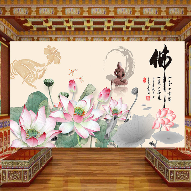 莲花佛手墙纸佛堂供桌电视背景墙装饰壁画菩提观佛字佛像壁纸