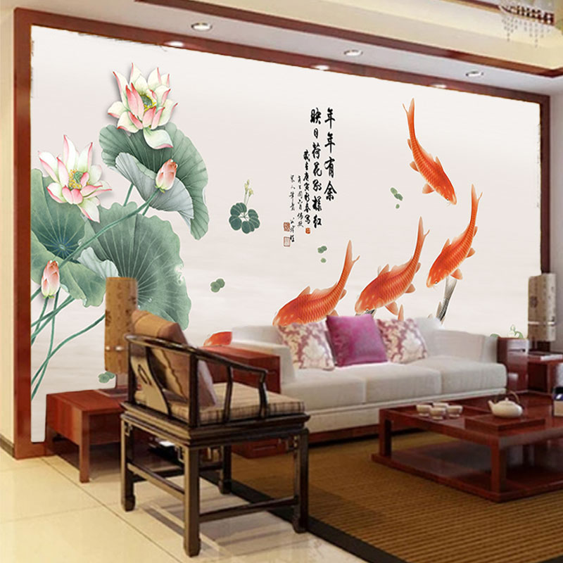 九条鲤鱼墙纸中式餐厅酒店民宿客房茶座背景图装饰画荷叶莲花壁纸图片