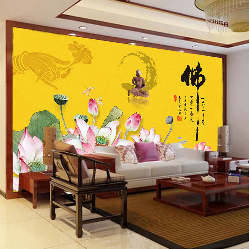 禅房佛像墙纸寺庙佛堂供桌台佛手莲花背景墙装饰壁画荷花佛字壁纸