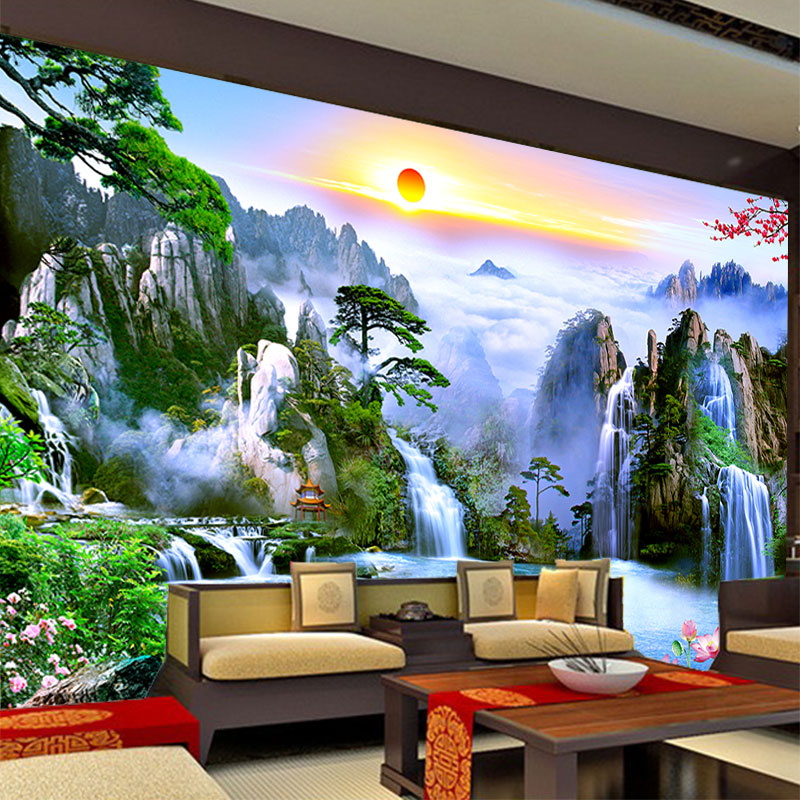石山松树云海瀑布壁画山水背景墙图片