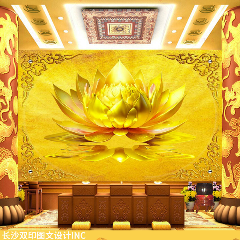 金色大莲花壁画佛道仙堂背景墙纸