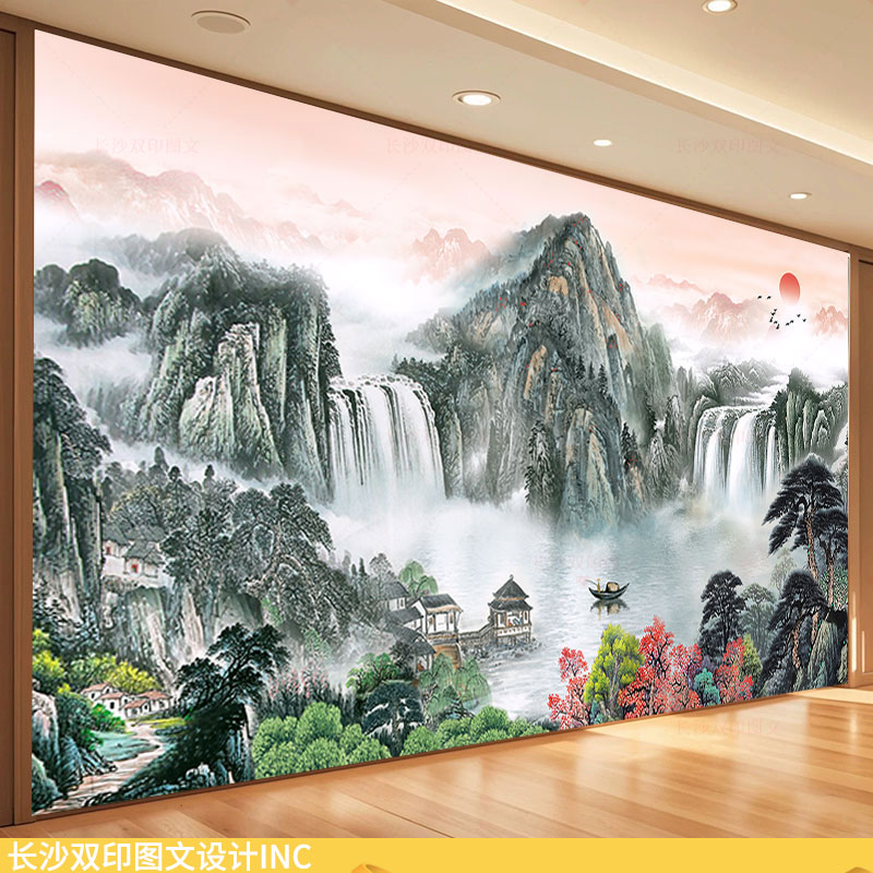 中式禅意境高山流水墙纸聚财壁画