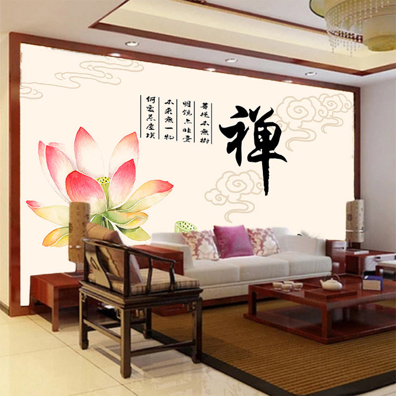 禅字壁画清静素雅荷花莲花佛堂背景墙家装墙纸一树一菩提意境壁纸