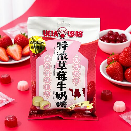 悠哈特浓草莓牛奶糖酸甜102g