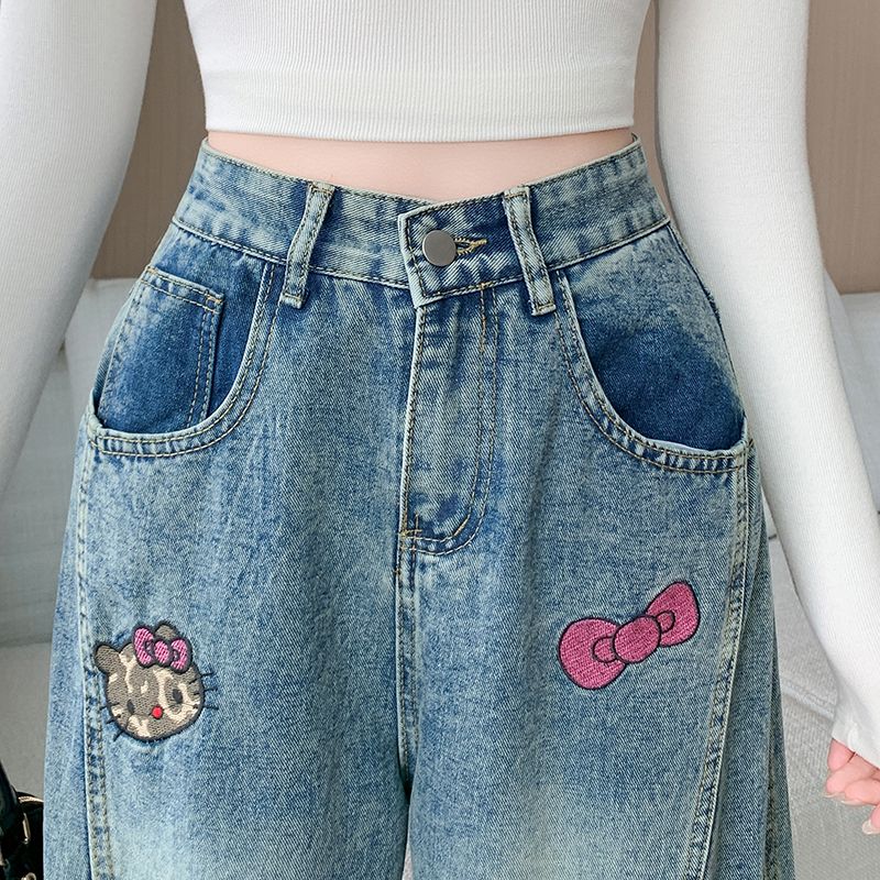 趣味卡通刺绣工装牛仔裤女美式复古宽松垂感解构阔腿裤