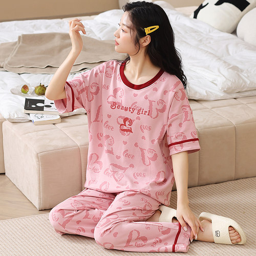 睡衣女夏季2024年新款短袖长裤纯棉薄款加肥加大码卡通家居服套装