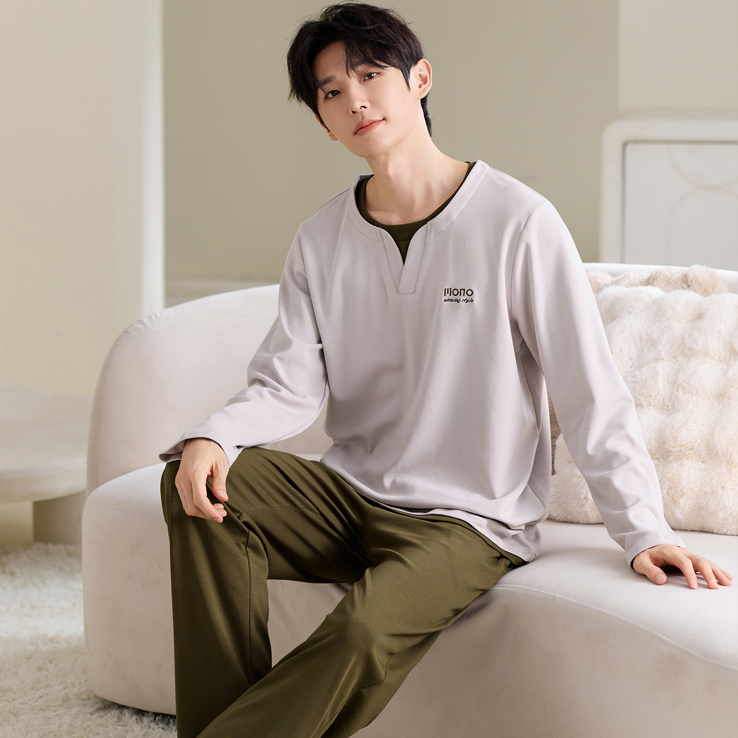 男士睡衣春秋纯棉长袖长裤大码加肥纯色圆领套头休闲居家服套装