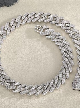 18mm三排锆石菱形古巴链嘻哈项链饰品男士满钻项链