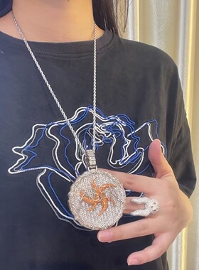 Asen同款中号圆饼吊坠项链铜镶彩色锆石时尚潮流圆盘满钻饰品