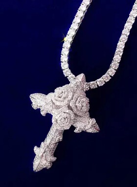 ICED BLING小众独立设计原创玫瑰花十字架满钻超闪吊坠项链