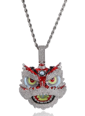 BLITZ BOY国潮风醒狮舞狮锆石项链吊坠嘻哈滴油HIPHOP说唱满钻