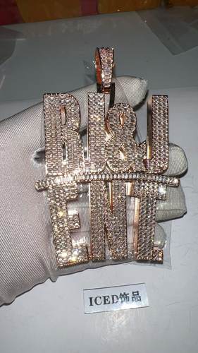 ICED饰品私人定制嘻哈梯方字母银莫桑玫瑰金吊坠