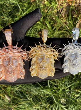 嘻哈珠宝 满钻混合镶嵌荆棘皇冠头像说唱锆石复古个性男生吊坠