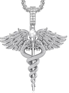 双生蛇天使之翼吊坠蛇年生肖权杖项链男款嘻哈潮流毛衣链