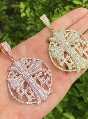 欧美嘻哈圆盘十字架吊坠百搭个性嘻哈项链饰品