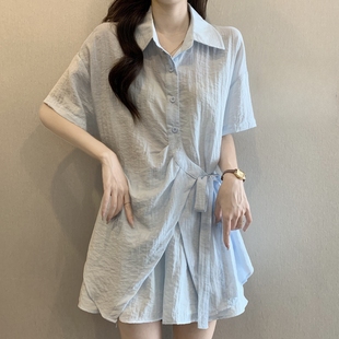 阔腿裤 夏天搭配一整套女大码 衬衫 微胖mm时尚 两件套 设计感系带短袖